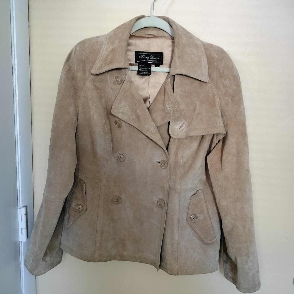 Terry Lewis Classic Beige Suede Womens Lined Double Breasted Jacket L Office